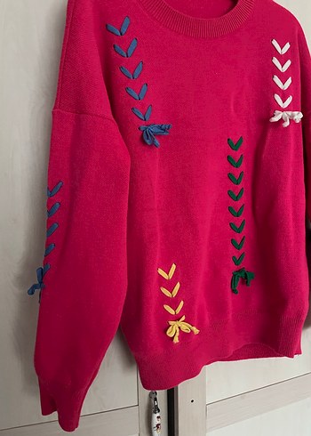 Nakışlı Pembe Kadın Triko Kazak - Görsel 3