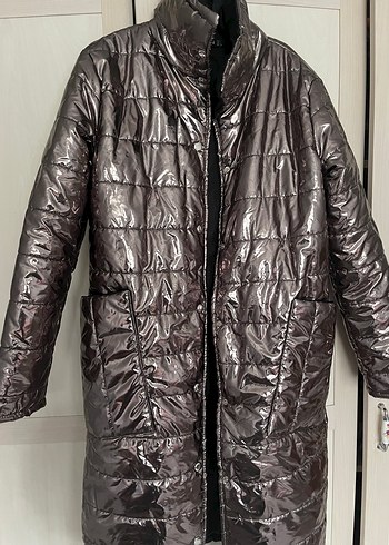 Uzun, düğmeli, parlak gri kadın kışlık ceket - Görsel 3