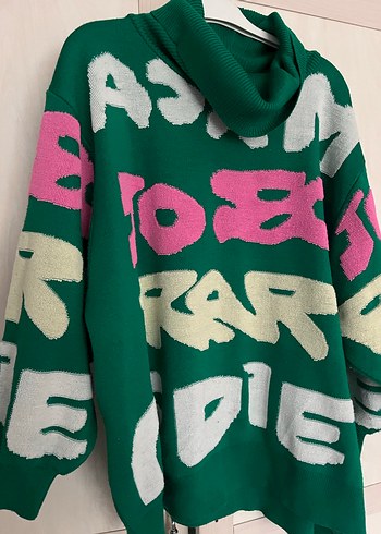 Renkli Baskılı Yeşil Boğazlı Kadın Kazak - Görsel 2