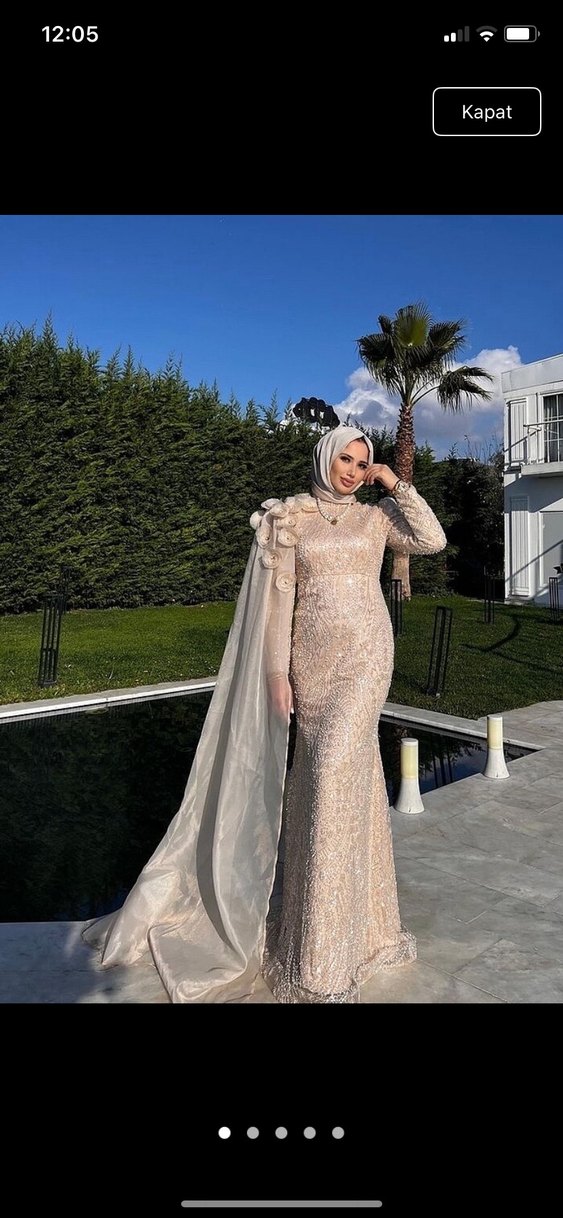 Uzun Kollu İşlemeli Beyaz Abiye Elbise tesettür abiye - Görsel 4