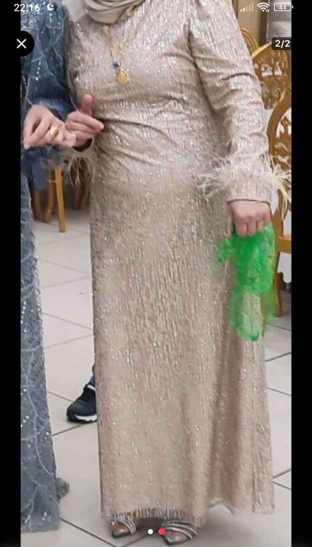 Bej Drapeli Uzun Abiye Elbise - Görsel 2