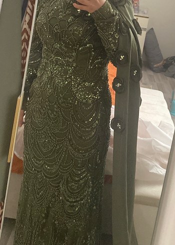 Uzun Kollu Drapeli Haki Henna Elbise