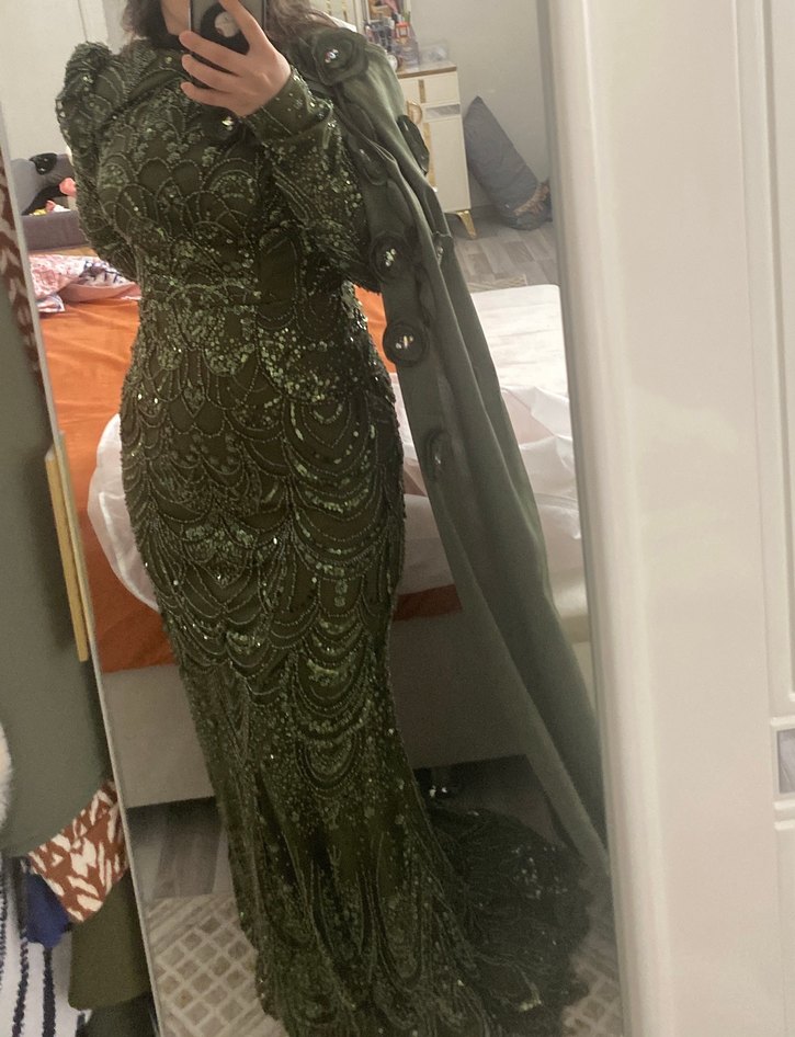 Uzun Kollu Drapeli Haki Henna Elbise tesettür abiye - Görsel 2