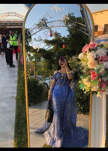 Mavi Parlak Straplez Uzun Abiye Elbise - Görsel 2