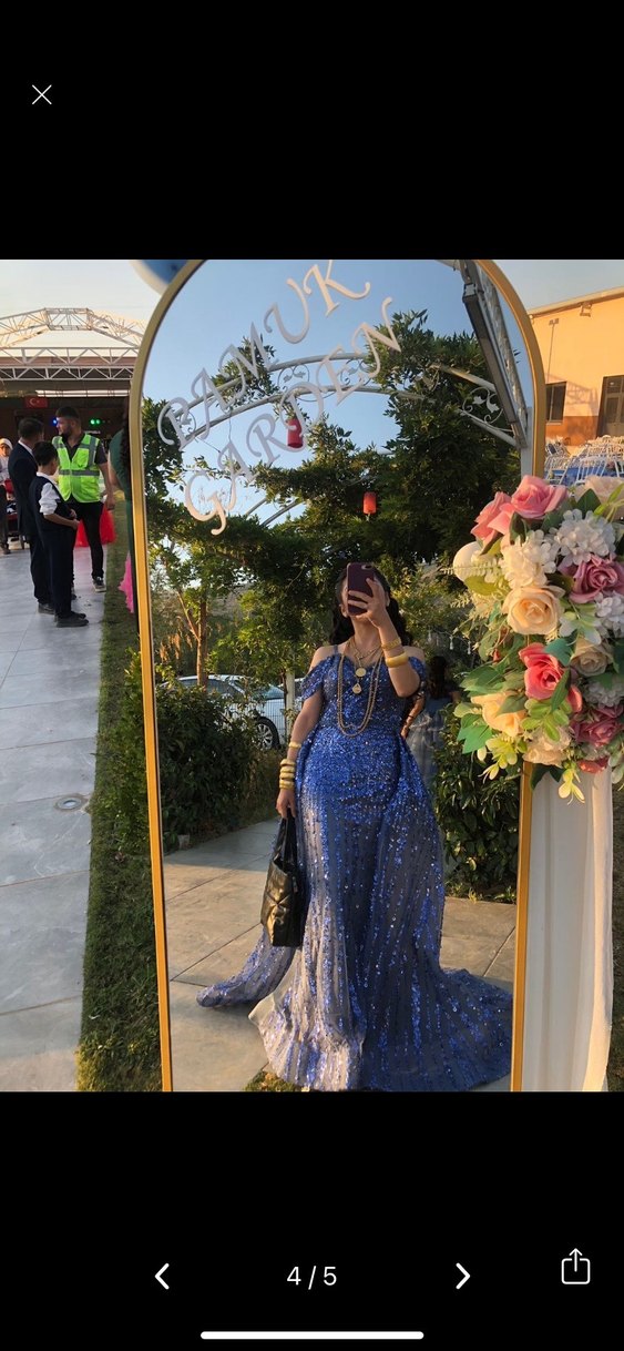 Mavi Parlak Straplez Uzun Abiye Elbise - Görsel 2