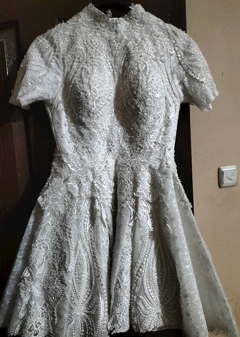 Vintage Mini Gelinlik, Yüksek Yakalı, Kısa Kollu