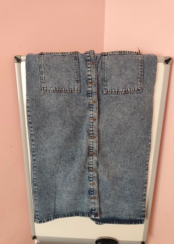 Düğmeli Mavi Hamile Midi Kot Etek - Görsel 2