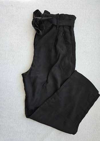 H&M Kemerli Siyah Keten Kadın Pantolon