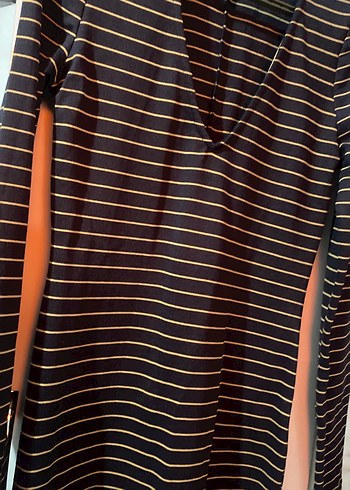 V Yaka Çizgili Uzun Kollu Kahverengi Elbise - Görsel 3