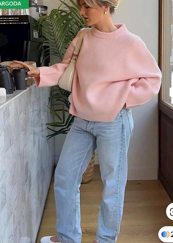 Diğer Pastel Pembe Oversize Triko Kazak Rahat Ve Sik