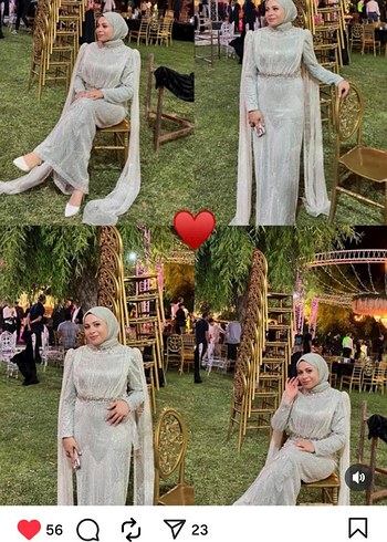 Uzun Kollu Gri Nakışlı Abiye Elbise - Görsel 2