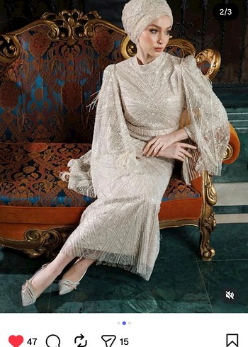 Bej Drapeli Uzun Abiye Elbise - Görsel 2