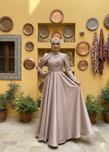 Bej Drapeli Uzun Abiye Elbise - Görsel 2