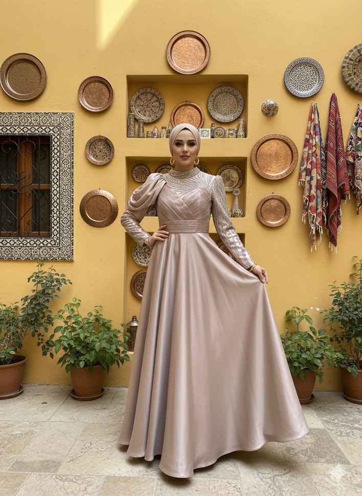 Bej Drapeli Uzun Abiye Elbise - Görsel 2