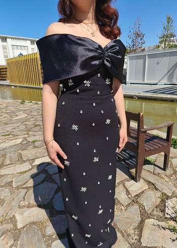 Uzun Siyah Drapeli Straplez Kadın Elbise - Görsel 5