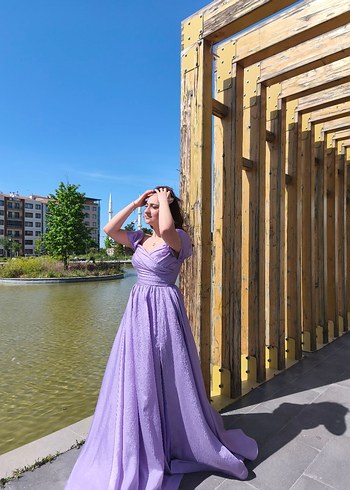 Mor Midi Drapeli Straplez Abiye Elbise - Görsel 5