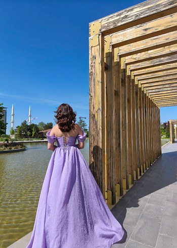 Mor Midi Drapeli Straplez Abiye Elbise - Görsel 7