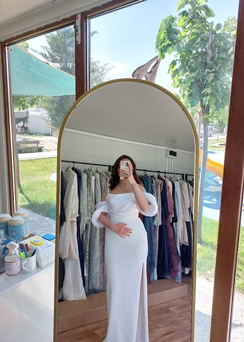 Drapeli Straplez Beyaz Uzun Abiye Elbise - Görsel 2