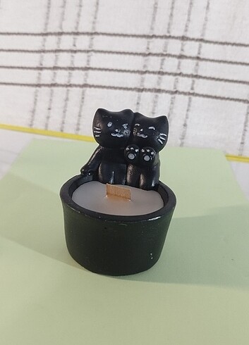 Beden siyah Renk Kedi Detaylı mum ve mum kabı