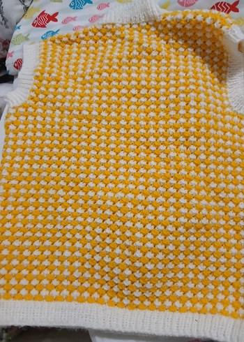 Sarı Beyaz V Yaka Kız Örgü Süveter - Görsel 2