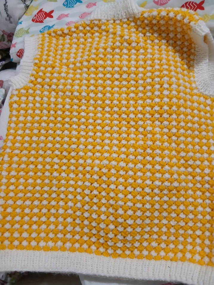 Sarı Beyaz V Yaka Kız Örgü Süveter - Görsel 2