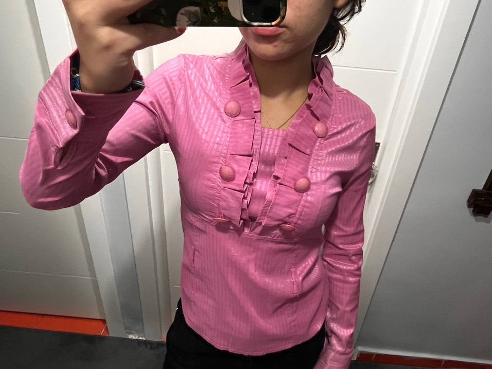 Düğmeli Pembe Kadın Gömlek - Görsel 2