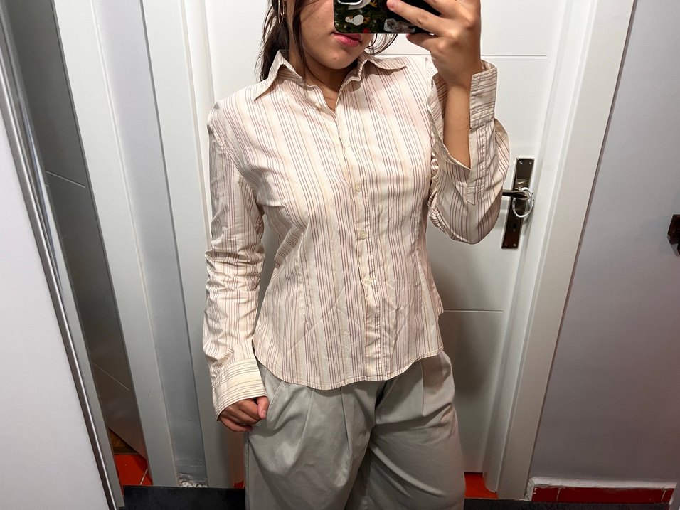 Bej Çizgili Pamuklu Düğmeli Kadın Gömlek - Görsel 2