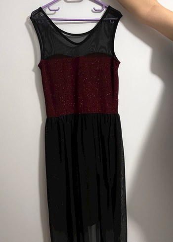 Bordo Uzun Abiye Elbise Siyah Tül Detaylı - Görsel 2