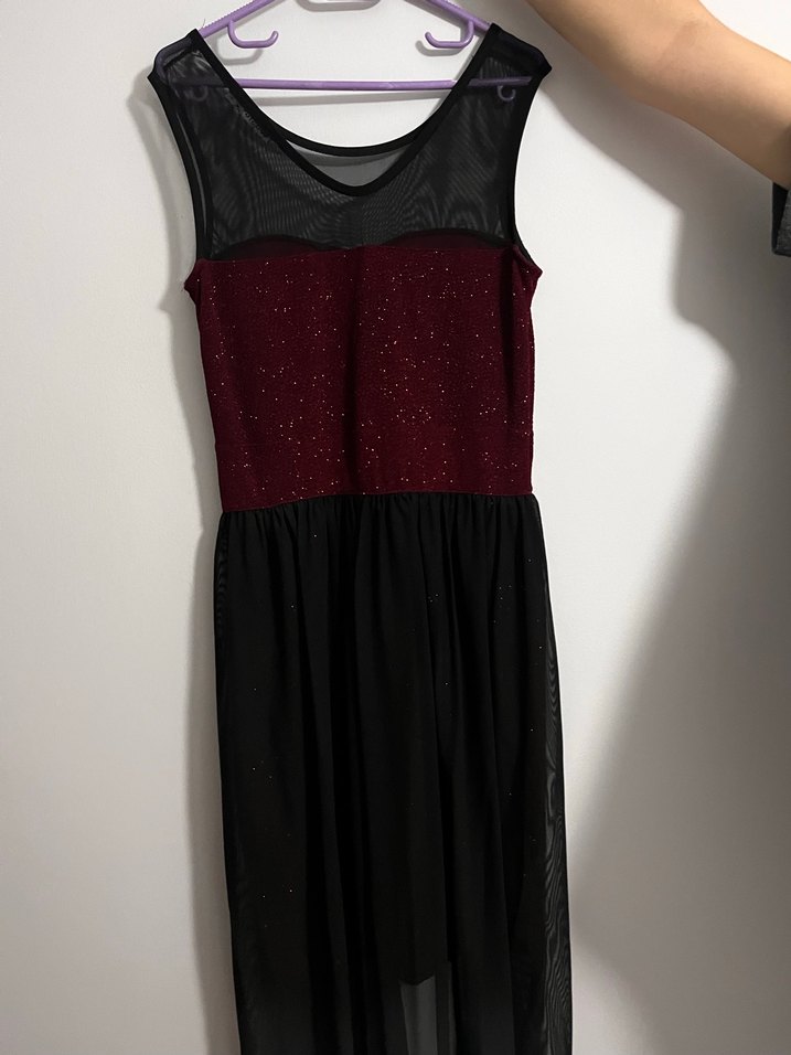 Bordo Uzun Abiye Elbise Siyah Tül Detaylı - Görsel 2