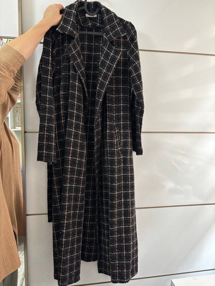 Kahverengi Ekose Desenli Uzun Kadın Kaban - Görsel 2