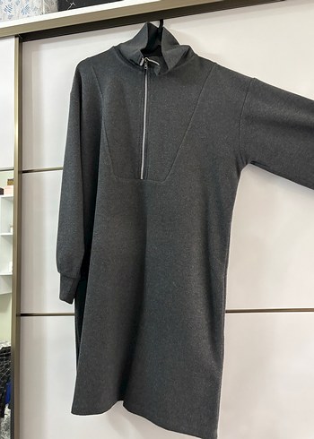 Gri Yarım Fermuarlı Yüksek Yakalı Kadın Triko Elbise - Görsel 2