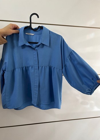 Düğmeli Mavi Kadın Gömlek - Görsel 2