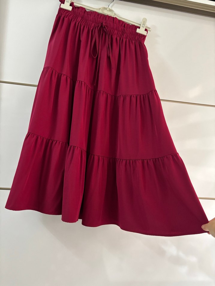 Bordo midi boy Volanlı Bohem Etek - Görsel 2