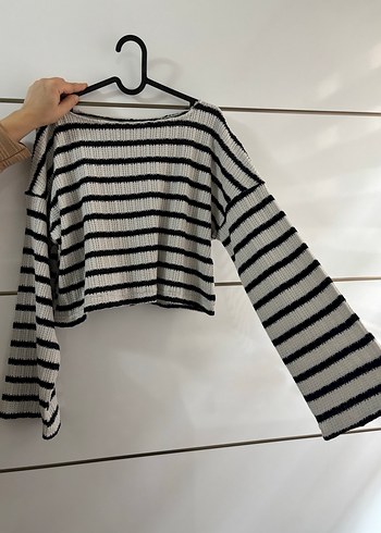 Gri Çizgili Uzun Kollu Triko Kadın Kazak - Görsel 2