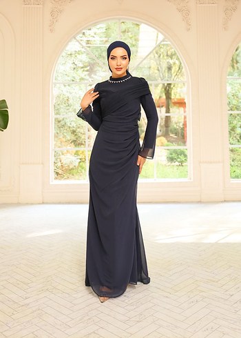 Bordo Uzun Kollu Drapeli Abiye Elbise - Görsel 2