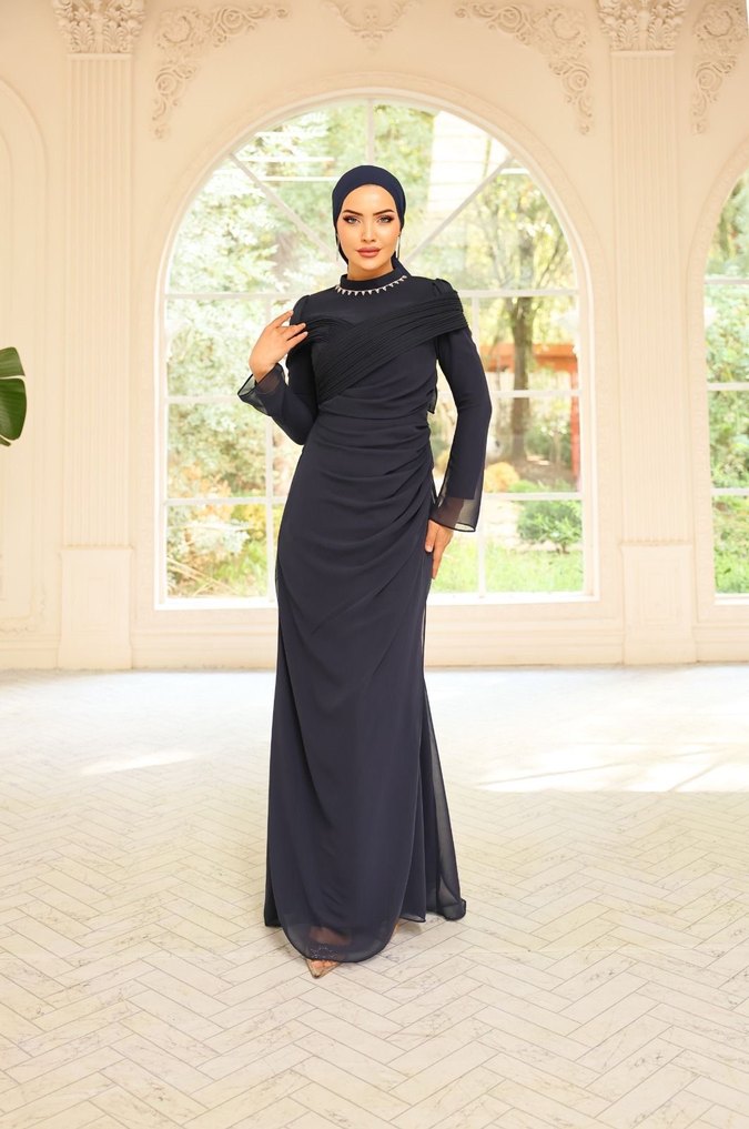 Bordo Uzun Kollu Drapeli Abiye Elbise - Görsel 2