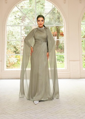 Bej Drapeli Uzun Abiye Elbise - Görsel 2