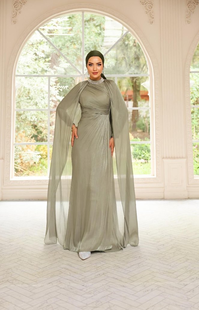 Bej Drapeli Uzun Abiye Elbise - Görsel 2