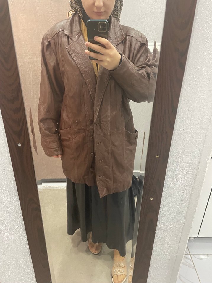 Düğmeli Kahverengi Deri Kadın Ceket - Görsel 3