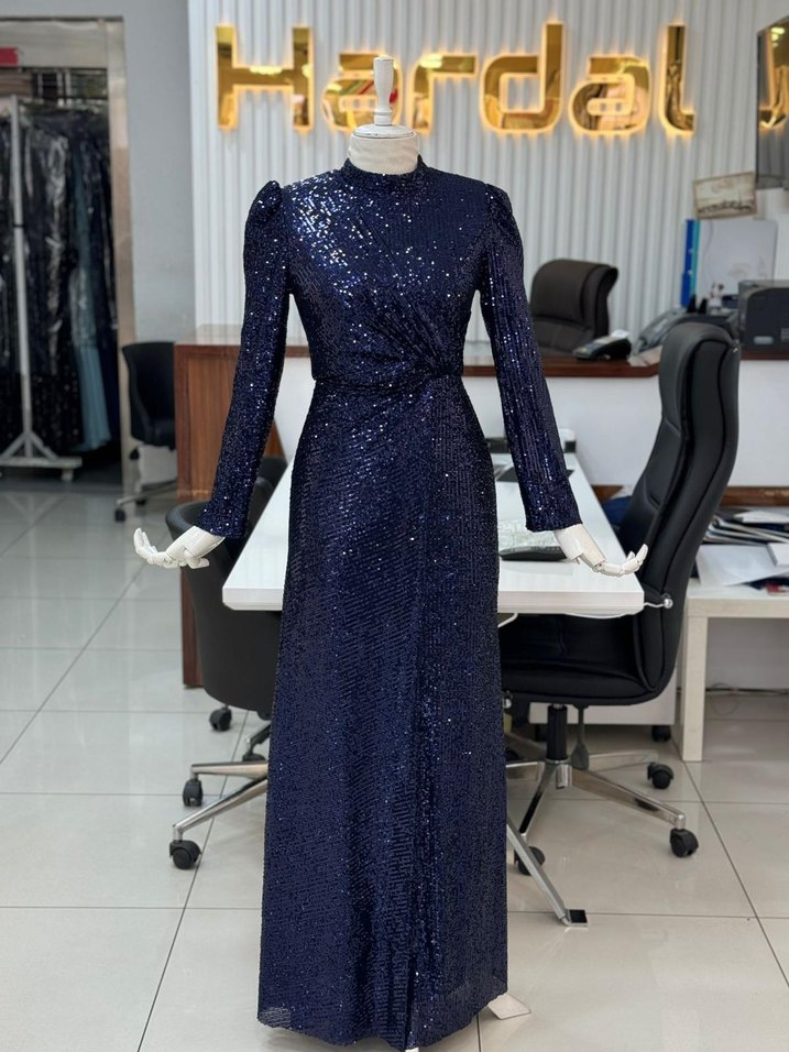 Parlak Lacivert Uzun Kollu Abiye Elbise - Görsel 2