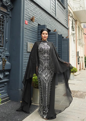 Drapeli Siyah Gotik Uzun Abiye Elbise