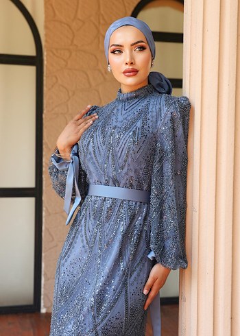 Boncuk İşlemeli Lacivert Uzun Abiye Elbise - Görsel 3