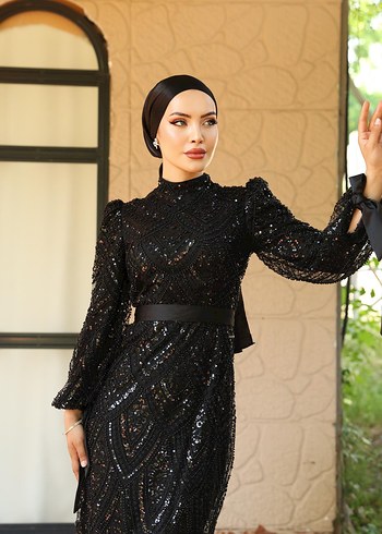 Boncuk İşlemeli Lacivert Uzun Abiye Elbise - Görsel 2