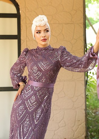 Boncuk İşlemeli Lacivert Uzun Abiye Elbise - Görsel 5