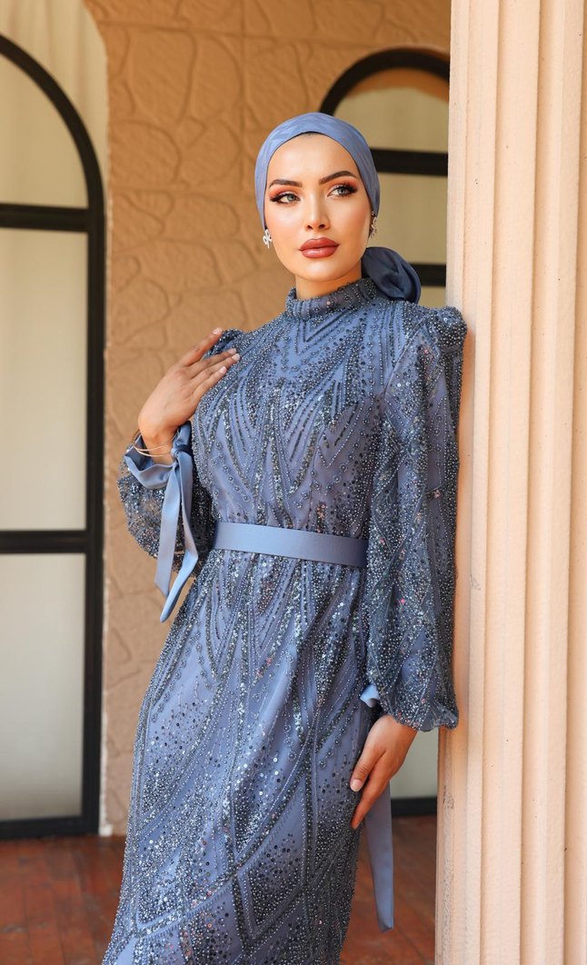 Boncuk İşlemeli Lacivert Uzun Abiye Elbise - Görsel 3