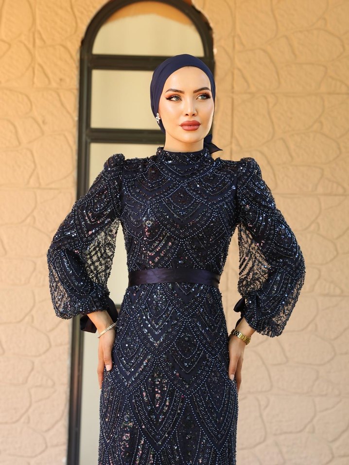 Boncuk İşlemeli Lacivert Uzun Abiye Elbise - Görsel 4