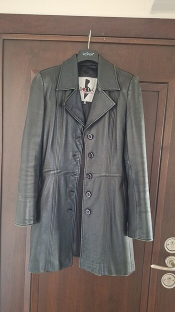 Vintage kullanışlı uzun dar kesim şık gerçek deri mont