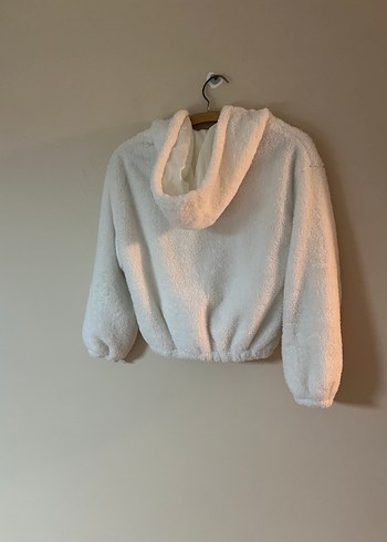 40 Beden Beyaz Peluş Kadın Kapüşonlu Ceket