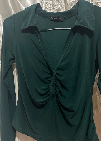 Düğmeli V Yakalı Yeşil Kadın Bluz - Görsel 3