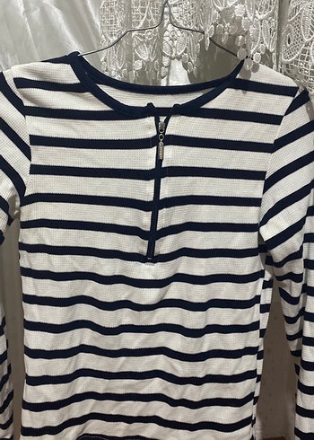 Çizgili Pamuklu Fermuarlı Tişört - Görsel 3